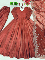 Flattering Sequence Work Brown Color Gown With Dupatta