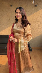 Innovative Brown Color Shining Silk Salwar Suit With Pink Dupatta