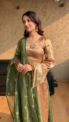 Innovative Brown Color Shining Silk Salwar Suit With Green Dupatta