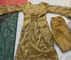 Innovative Brown Color Shining Silk Salwar Suit With Green Dupatta