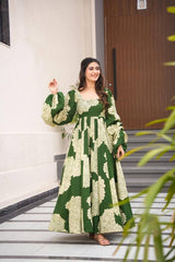 Awesome Maslin Print Work Green Color Gown