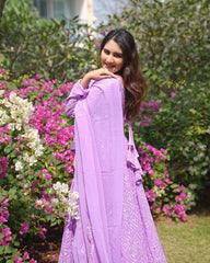 Flattering Thread Embroidered Work Purple Color Gown