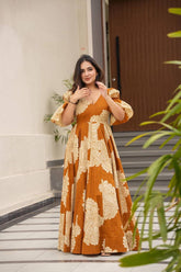 Presenting Digital Print Work Orange Color Gown