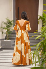 Presenting Digital Print Work Orange Color Gown