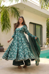 Preferable Digital Print Work Teal Blue Color Anarkali Suit