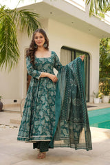 Preferable Digital Print Work Teal Blue Color Anarkali Suit