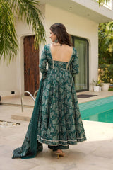 Preferable Digital Print Work Teal Blue Color Anarkali Suit
