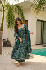 Preferable Digital Print Work Teal Blue Color Anarkali Suit