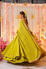 Fantastic Roman Silk Lemon Green Color Anarkali Suit