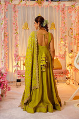 Fantastic Roman Silk Lemon Green Color Anarkali Suit
