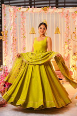 Fantastic Roman Silk Lemon Green Color Anarkali Suit