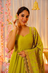 Fantastic Roman Silk Lemon Green Color Anarkali Suit