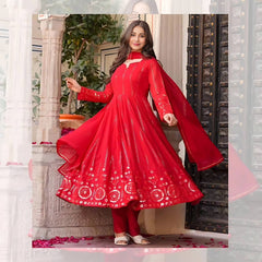 Presenting Foux Gorgette Embroidery Work RED Color ANARKALI SUIT SET