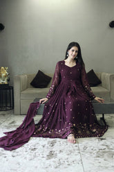 Demanding Embroidery Multi Work Purple color long Gown