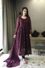 Demanding Embroidery Multi Work Purple color long Gown