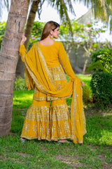 Elegant Fox Georgette Embroidery Sequence Work Yellow color Sharara Suit