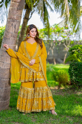 Elegant Fox Georgette Embroidery Sequence Work Yellow color Sharara Suit