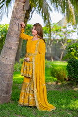 Elegant Fox Georgette Embroidery Sequence Work Yellow color Sharara Suit
