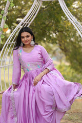 Awesome Chinon Silk Thread Work Purple Color Gown