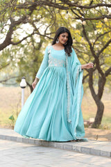 Awesome Chinon Silk Thread Work Pista Color Gown
