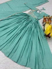 Awesome Chinon Silk Thread Work Pista Color Gown