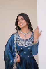 Shinig Pure Burberry Silk Embroidery Sequence Work Teal Blue Color Long Gown