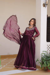 Shinig Pure Burberry Silk Embroidery Sequence Work Maroon Color Long Gown