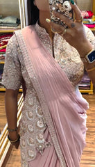 Designer Chinon Embroidery Work Light Pink Color Ready To Wear Saree