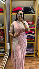 Designer Chinon Embroidery Work Light Pink Color Ready To Wear Saree