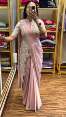 Designer Chinon Embroidery Work Light Pink Color Ready To Wear Saree