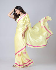 Embellished Japan Satin Light Yellow Color Ready To wear Saree