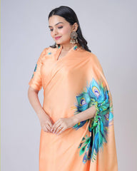 Shining Japan Satin Orange Color Morpich Design Ready To Wear Saree