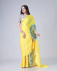 Shining Japan Satin Yellow Color Morpich Design Ready To Wear Saree