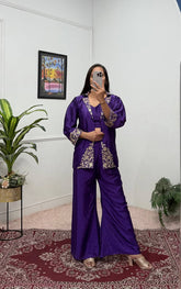 Captivating Purple Color Embroidery Work Palazzo Choli With Blazer