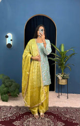 Shining Jimmy Cho Embroidery Work Pista Color Plazzo Suit