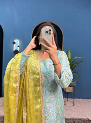 Shining Jimmy Cho Embroidery Work Pista Color Plazzo Suit