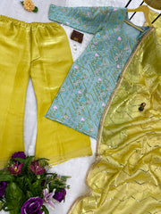 Shining Jimmy Cho Embroidery Work Pista Color Plazzo Suit