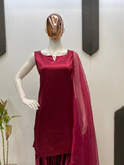 Shining  Maroon Color Moss Satin Fabric  Moss Satin Fabric With Organza Dupatta