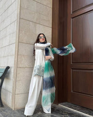 Elegant White Roman Silk Salwar Suit with Sequin Embroidery & Printed Silver Chiffon Dupatta