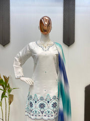 Elegant White Roman Silk Salwar Suit with Sequin Embroidery & Printed Silver Chiffon Dupatta