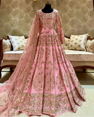 Chinnon Silk Light Pink Color Heavy Sequence Work Long Gown