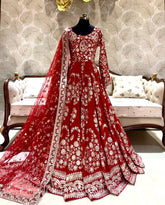 Chinnon Silk Red Color Heavy Sequence Work Long Gown