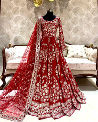 Chinnon Silk Red Color Heavy Sequence Work Long Gown