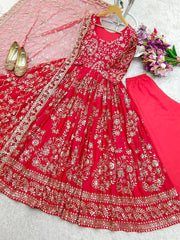 Chinnon Silk Red Color Heavy Sequence Work Long Gown