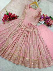 Chinnon Silk Light Pink Color Heavy Sequence Work Long Gown