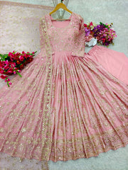 Chinnon Silk Light Pink Color Heavy Sequence Work Long Gown