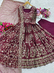 Chinnon Silk Maroon Color Heavy Sequence Work Long Gown