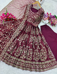Chinnon Silk Maroon Color Heavy Sequence Work Long Gown