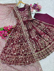 Chinnon Silk Maroon Color Heavy Sequence Work Long Gown