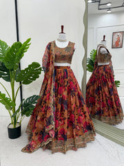 Presenting Red Color Organza with Digital print Lehengha choli